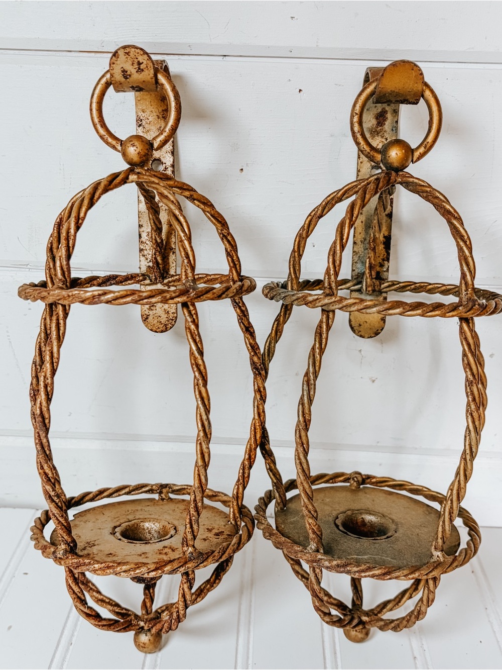 Vintage Hanging Gold Candle Wall Sconces | Caged Hollywood Regency Mid Century